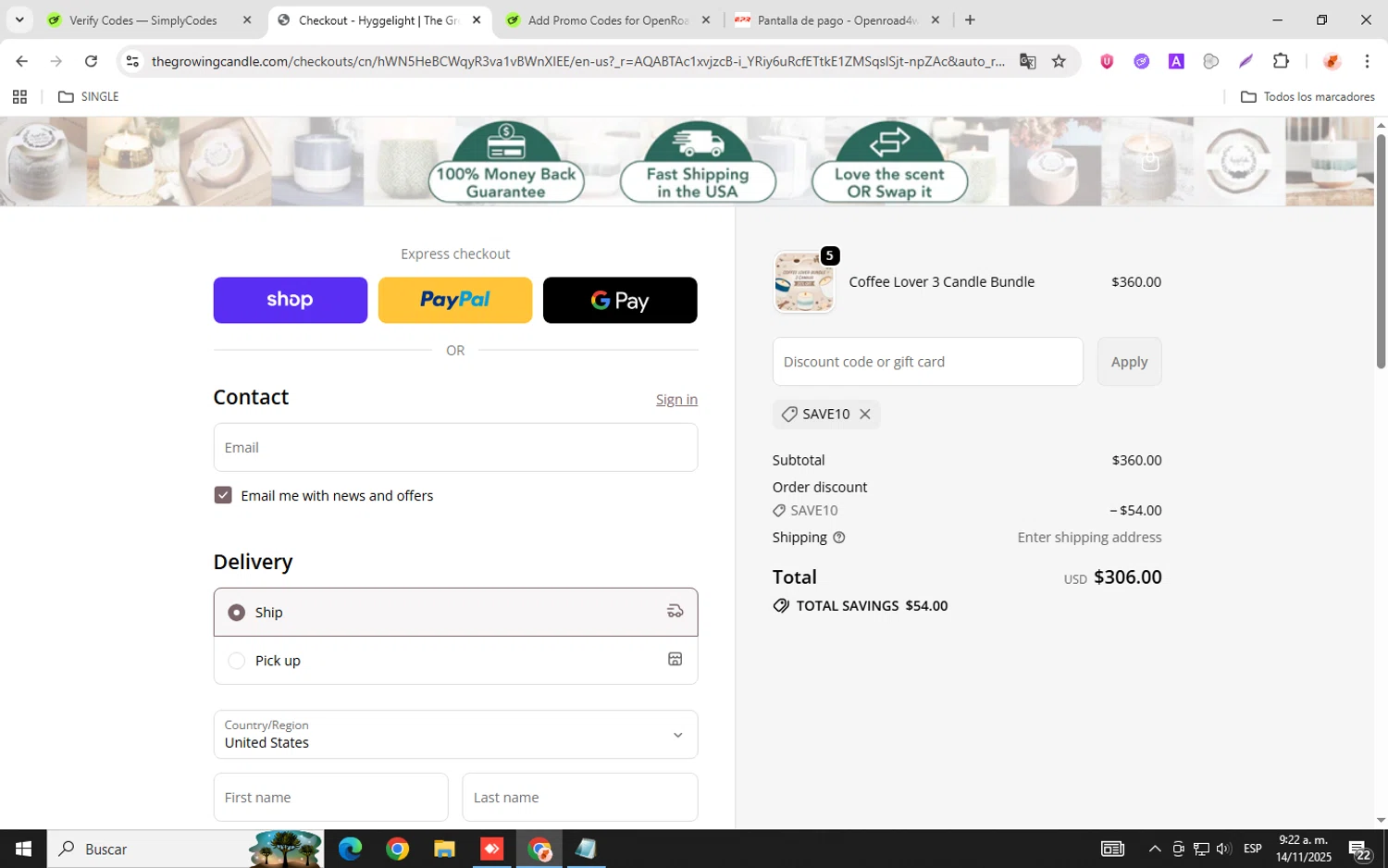 The Growing Candle discount code screenshot showing code SAVE10 applied at The Growing Candle checkout page. Uploaded by SimplyCodes community member donaldJtrump on Nov 14, 2025