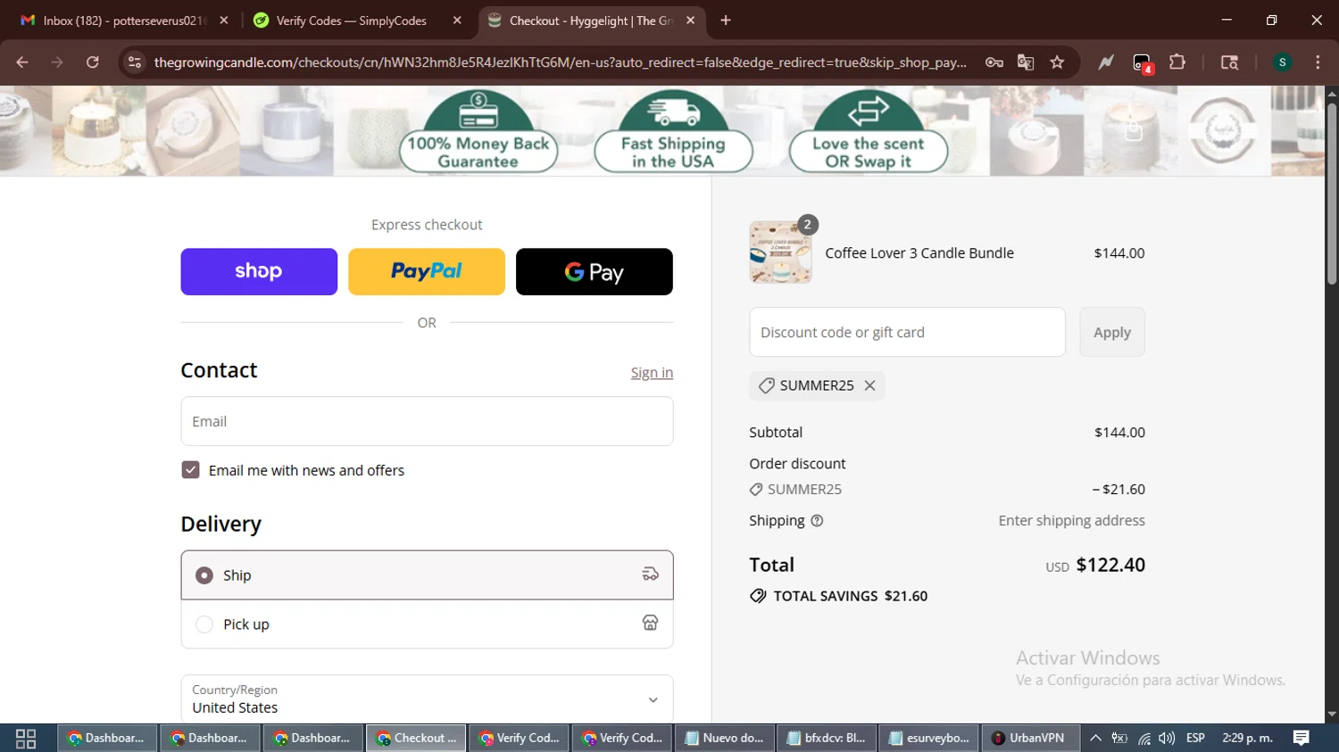 The Growing Candle discount code screenshot showing code SUMMER25 applied at The Growing Candle checkout page. Uploaded by SimplyCodes community member ShrewdAce7935 on Sep 16, 2025