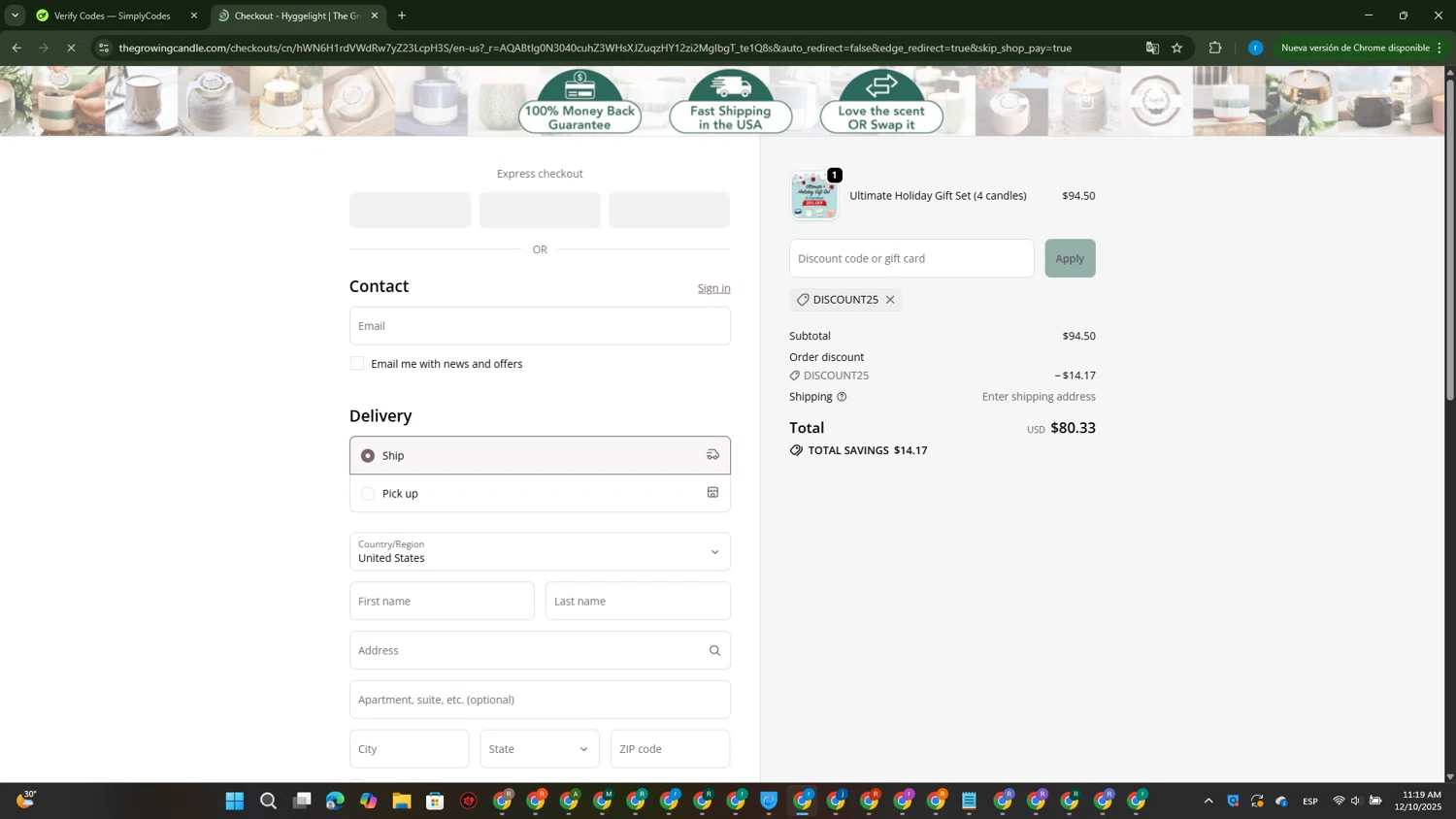 The Growing Candle discount code screenshot showing code DISCOUNT25 applied at The Growing Candle checkout page. Uploaded by SimplyCodes community member RewardVoyager146 on Dec 10, 2025