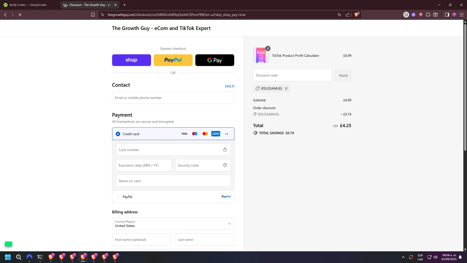 The Growth Guy promo code screenshot showing code JESUSSAMUEL applied at The Growth Guy checkout page. Uploaded by SimplyCodes community member jakycham2020 on Sep 5, 2025