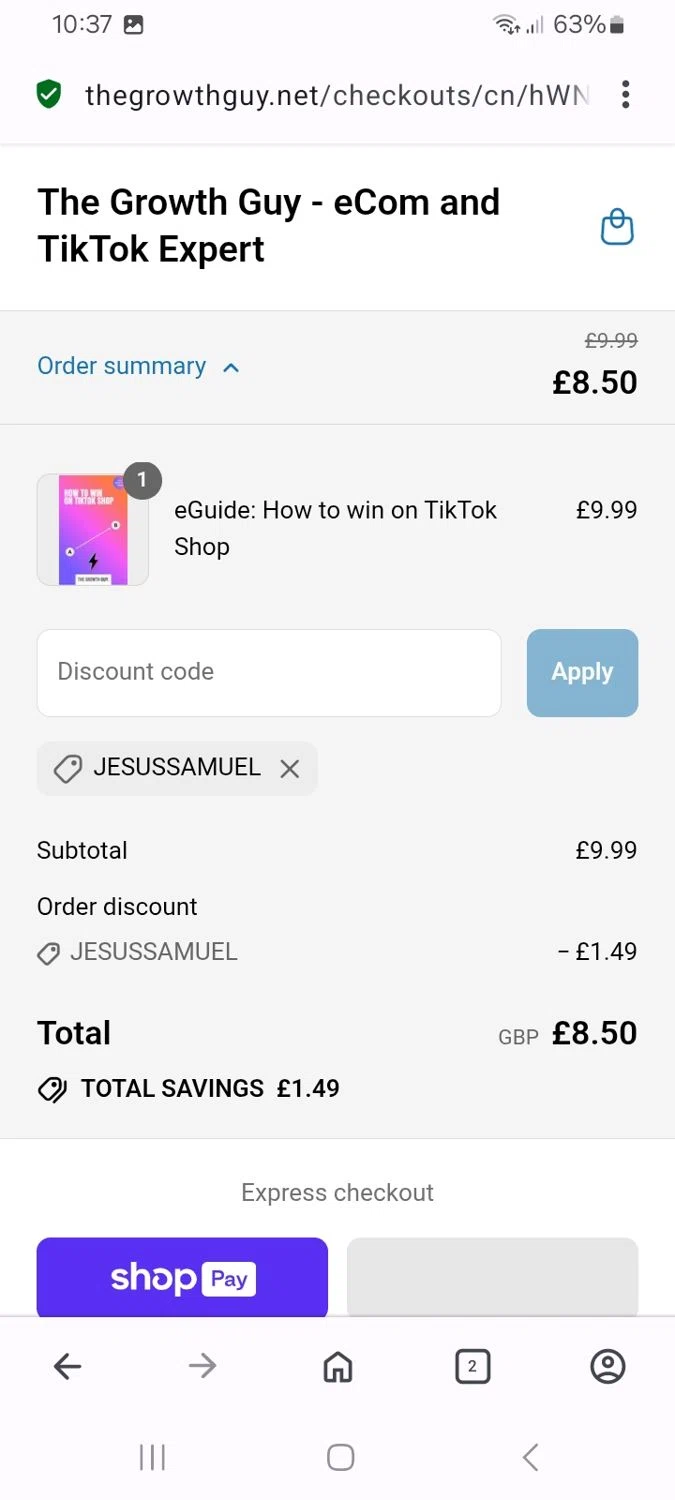 The Growth Guy promo code screenshot showing code JESUSSAMUEL applied at The Growth Guy checkout page. Uploaded by SimplyCodes community member MoneyMaven5115 on Aug 7, 2025
