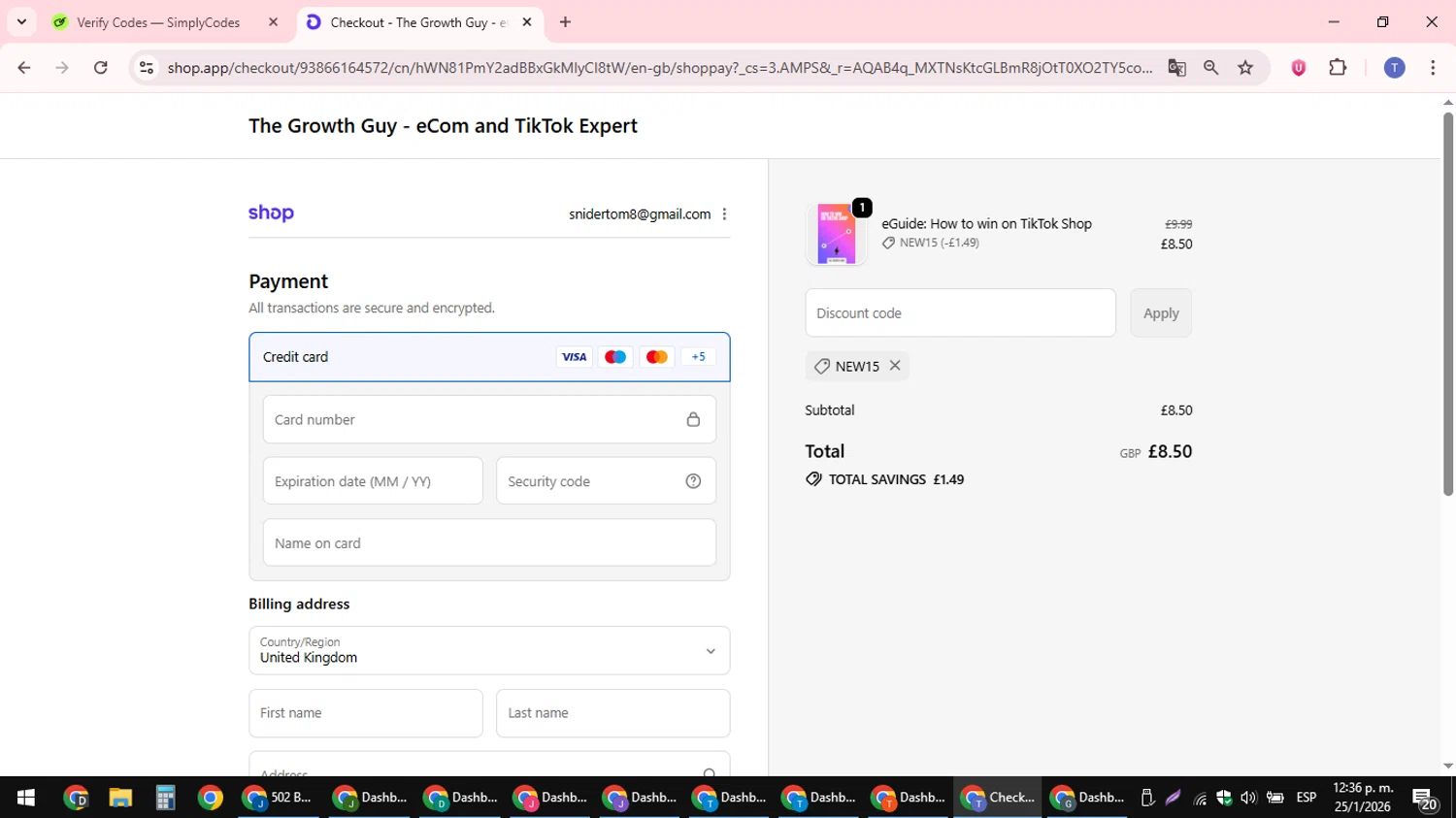 The Growth Guy promo code screenshot showing code NEW15 applied at The Growth Guy checkout page. Uploaded by SimplyCodes community member snidertom8 on Jan 25, 2026