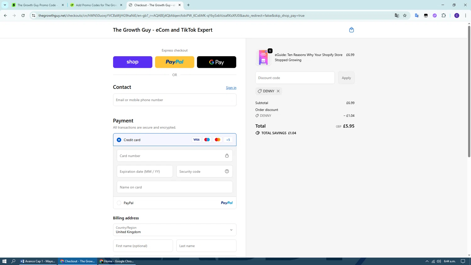 The Growth Guy promo code screenshot showing code DENNY applied at The Growth Guy checkout page. Uploaded by SimplyCodes community member Dennyguillermo on Nov 7, 2025