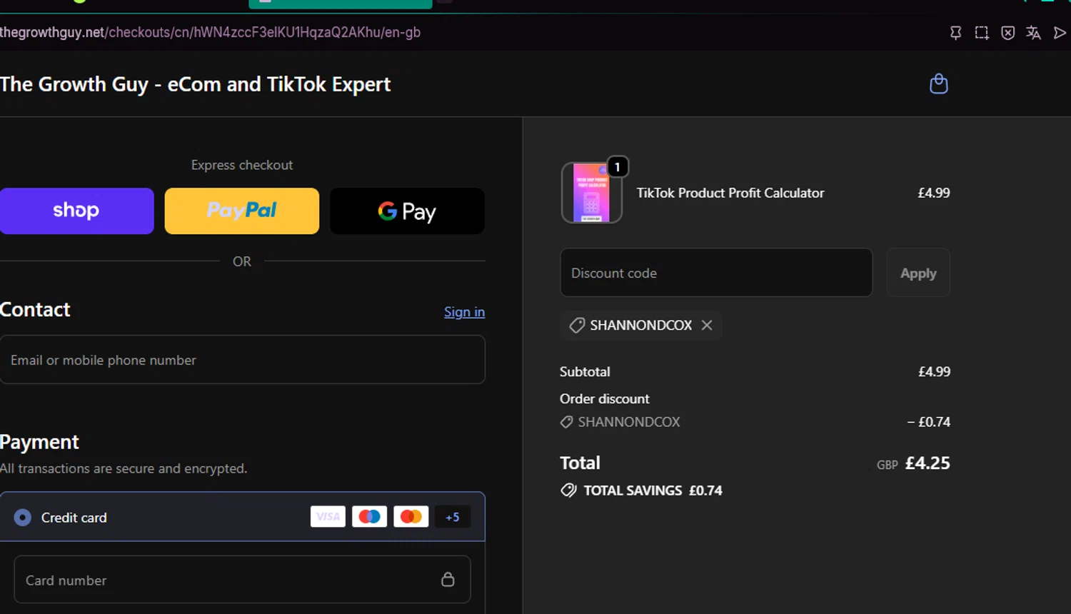 The Growth Guy promo code screenshot showing code SHANNONDCOX applied at The Growth Guy checkout page. Uploaded by SimplyCodes community member chepipi on Nov 6, 2025
