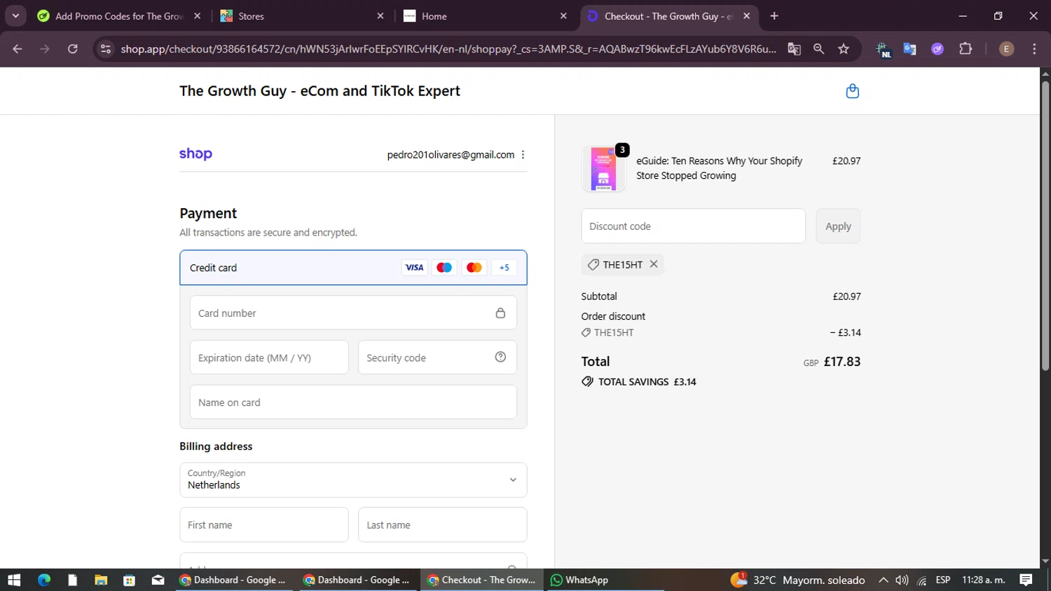 The Growth Guy promo code screenshot showing code The15ht applied at The Growth Guy checkout page. Uploaded by SimplyCodes community member gleykerjose on Nov 8, 2025