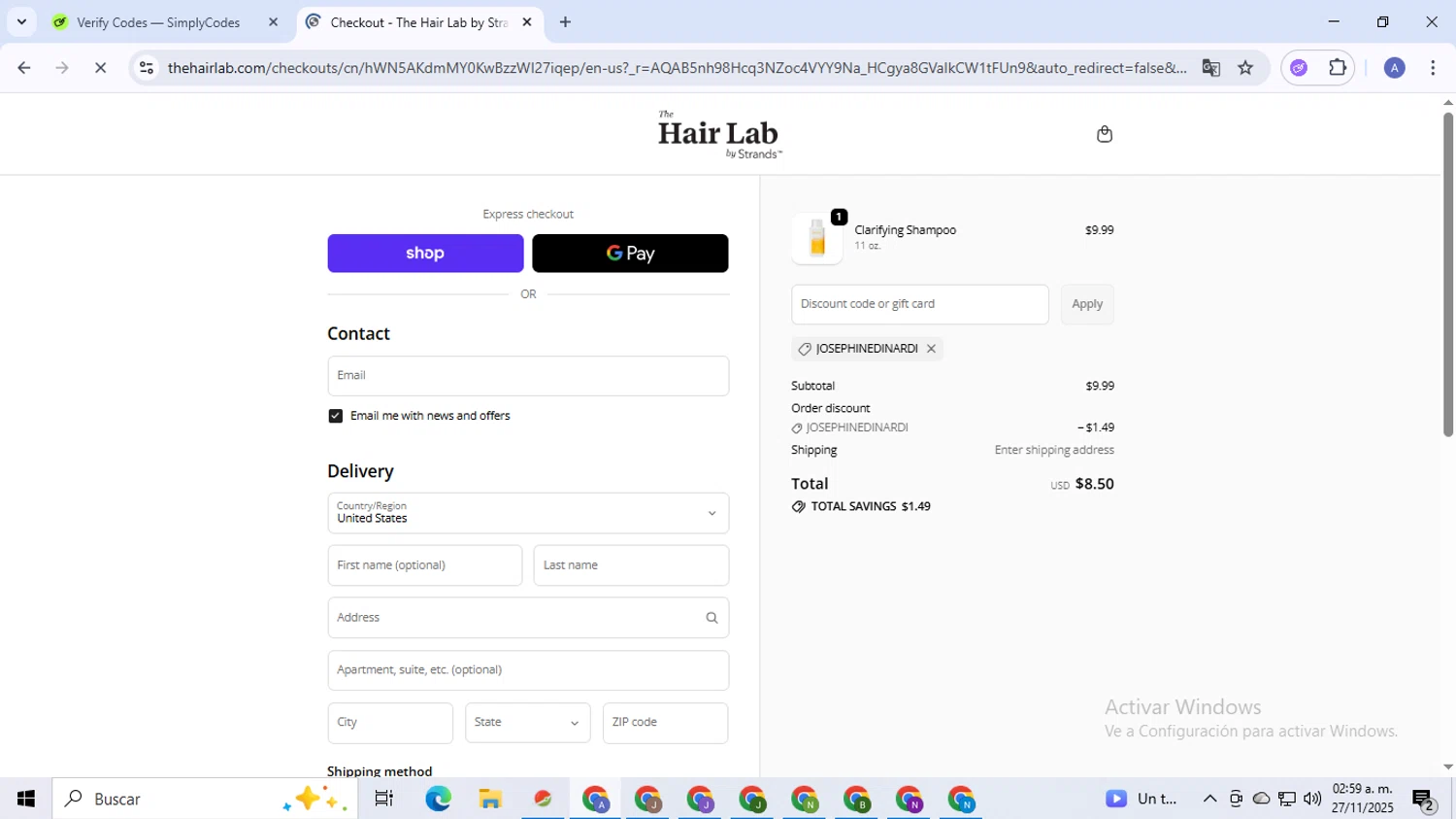 The Hair Lab by Strands promo code screenshot showing code JOSEPHINEDINARDI applied at The Hair Lab by Strands checkout page. Uploaded by SimplyCodes community member TreasureCaptain5531 on Nov 27, 2025