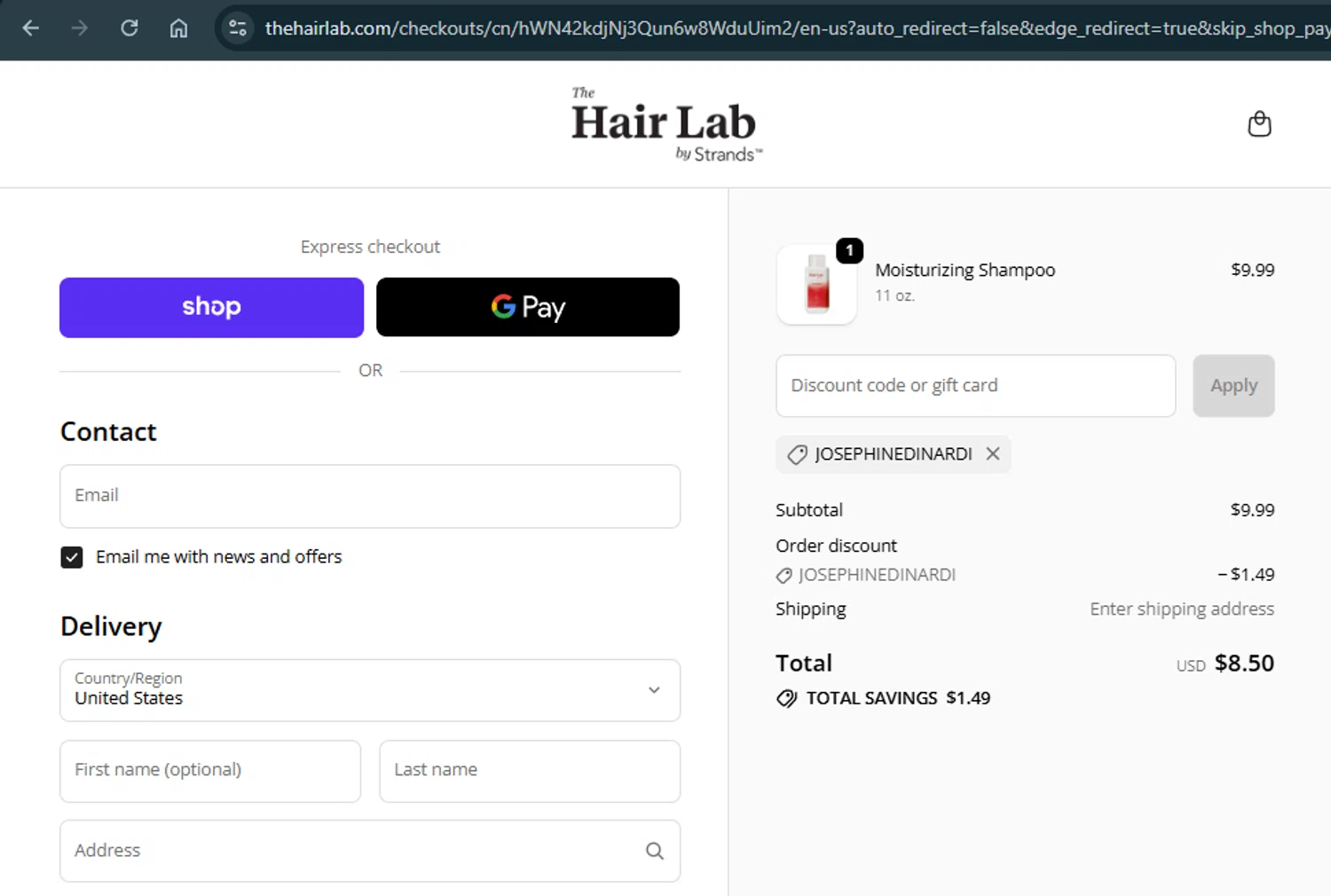 The Hair Lab by Strands promo code screenshot showing code JOSEPHINEDINARDI applied at The Hair Lab by Strands checkout page. Uploaded by SimplyCodes community member xAngel on Oct 12, 2025