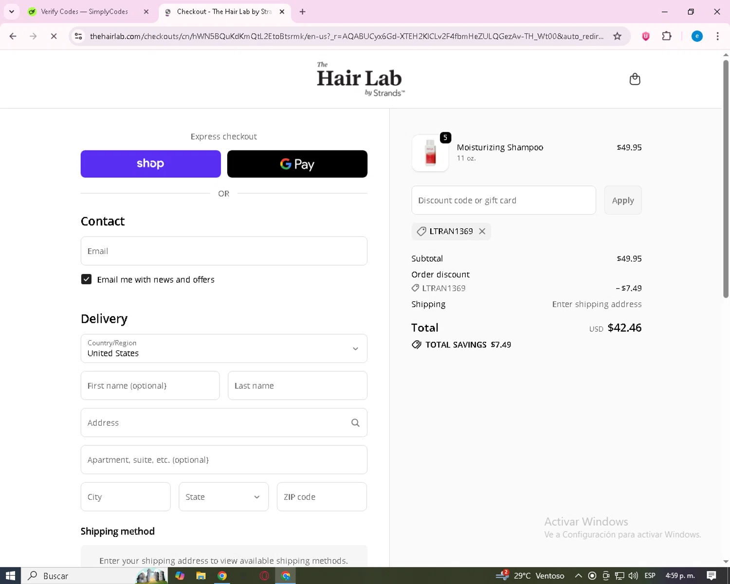 The Hair Lab by Strands promo code screenshot showing code LTRAN1369 applied at The Hair Lab by Strands checkout page. Uploaded by SimplyCodes community member SavvyCurator7240 on Nov 11, 2025