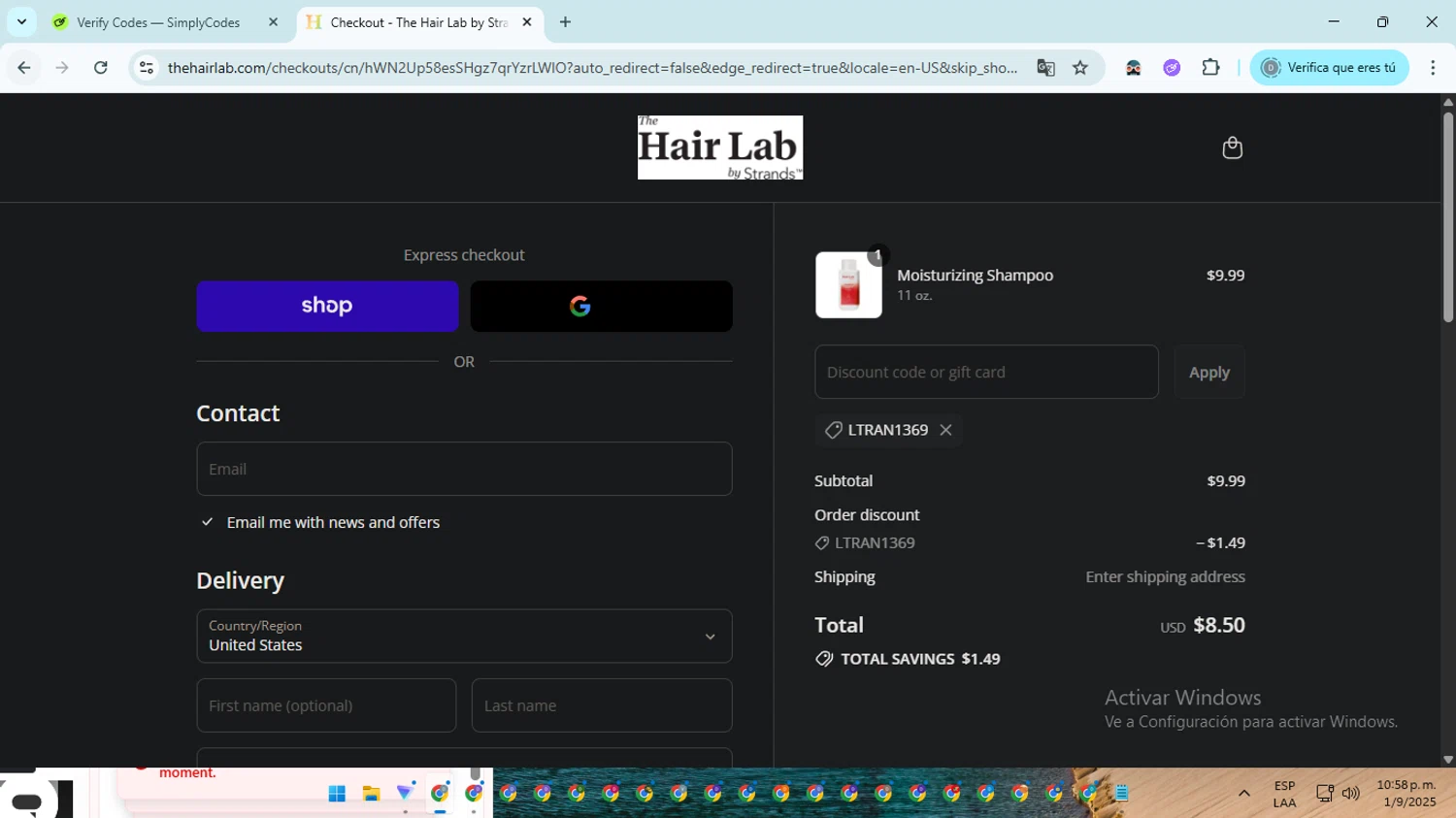 The Hair Lab by Strands promo code screenshot showing code LTRAN1369 applied at The Hair Lab by Strands checkout page. Uploaded by SimplyCodes community member ScanMaven5756 on Sep 2, 2025