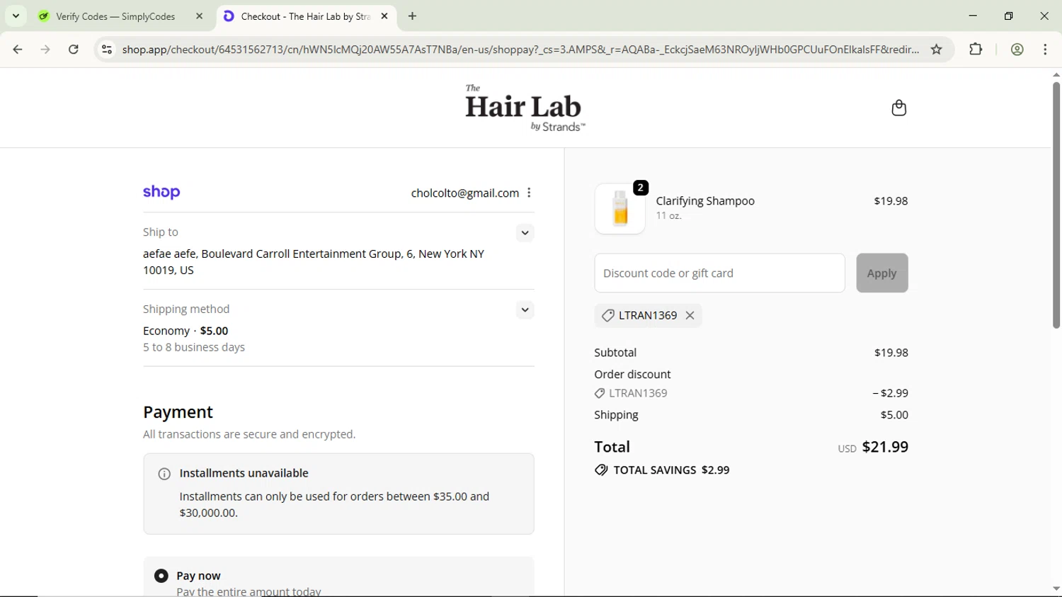 The Hair Lab by Strands promo code screenshot showing code LTRAN1369 applied at The Hair Lab by Strands checkout page. Uploaded by SimplyCodes community member ScanPhoenix3549 on Nov 27, 2025