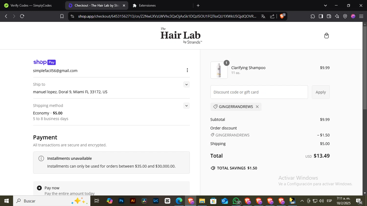 The Hair Lab by Strands promo code screenshot showing code GINGERRANDREWS applied at The Hair Lab by Strands checkout page. Uploaded by SimplyCodes community member NobleLegend6162 on Feb 18, 2025
