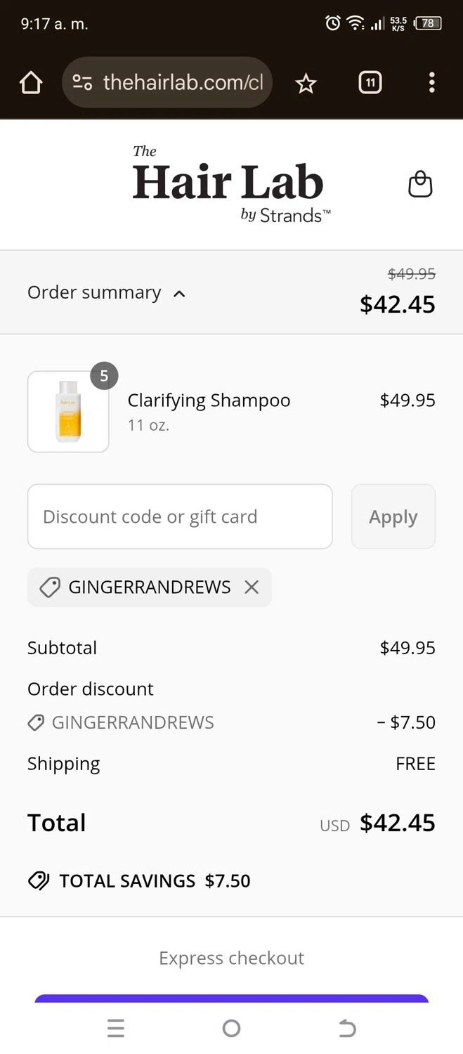 The Hair Lab by Strands promo code screenshot showing code GINGERRANDREWS applied at The Hair Lab by Strands checkout page. Uploaded by SimplyCodes community member jorgeston on Jun 17, 2025