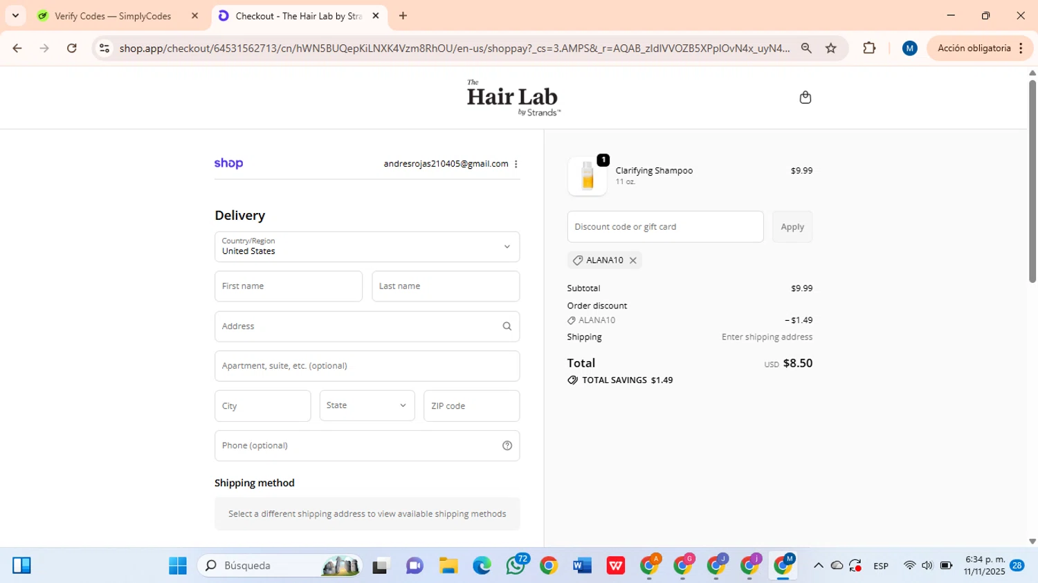 The Hair Lab by Strands promo code screenshot showing code ALANA10 applied at The Hair Lab by Strands checkout page. Uploaded by SimplyCodes community member BrilliantLion8135 on Nov 11, 2025