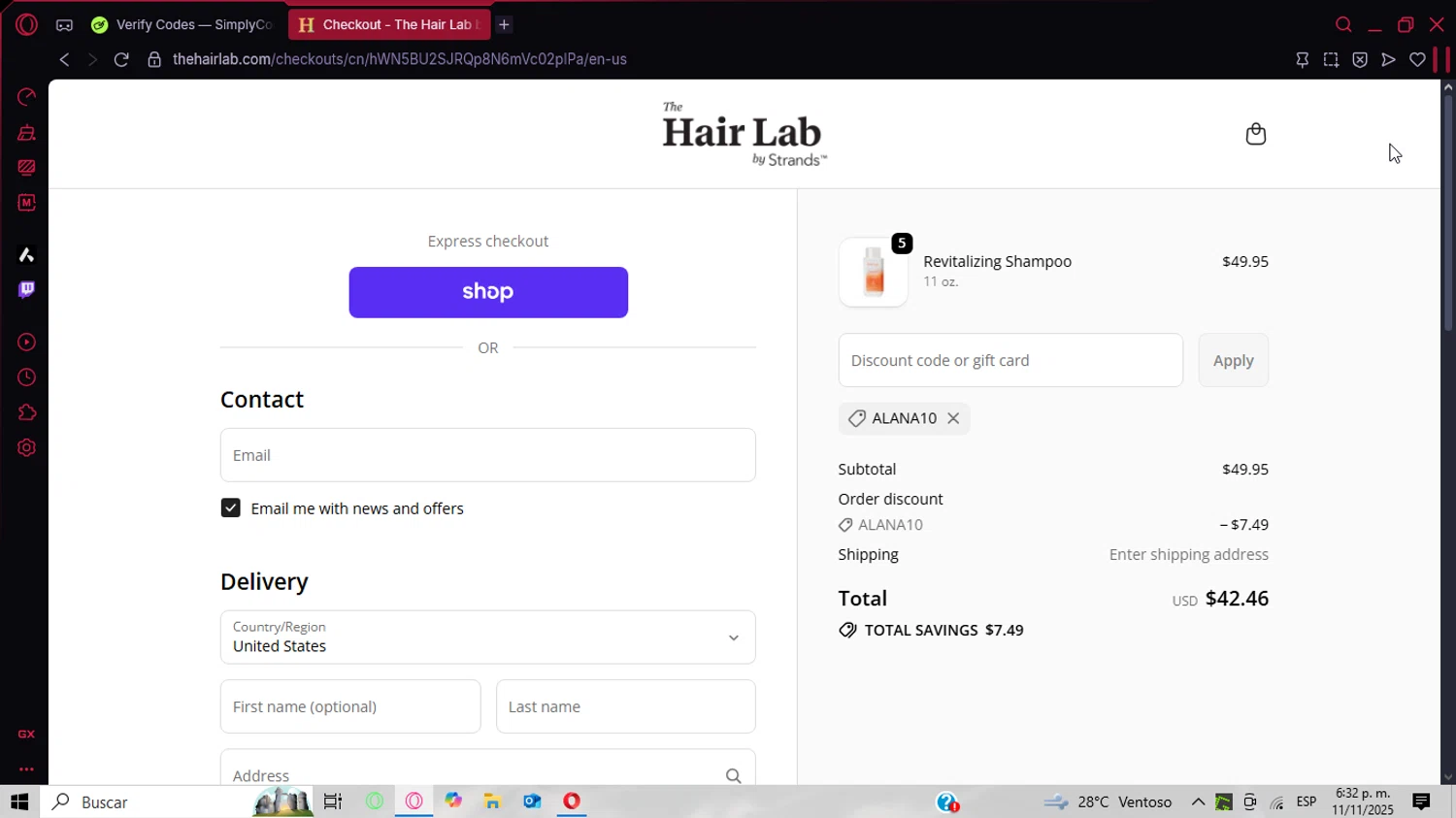 The Hair Lab by Strands promo code screenshot showing code ALANA10 applied at The Hair Lab by Strands checkout page. Uploaded by SimplyCodes community member CoinPhoenix3025 on Nov 11, 2025
