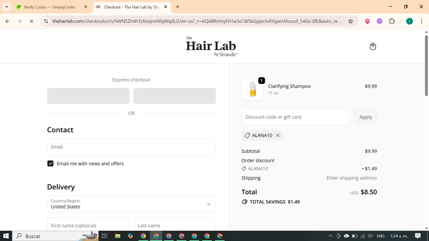 The Hair Lab by Strands promo code screenshot showing code ALANA10 applied at The Hair Lab by Strands checkout page. Uploaded by SimplyCodes community member ExtraordinaryKnight690 on Nov 22, 2025