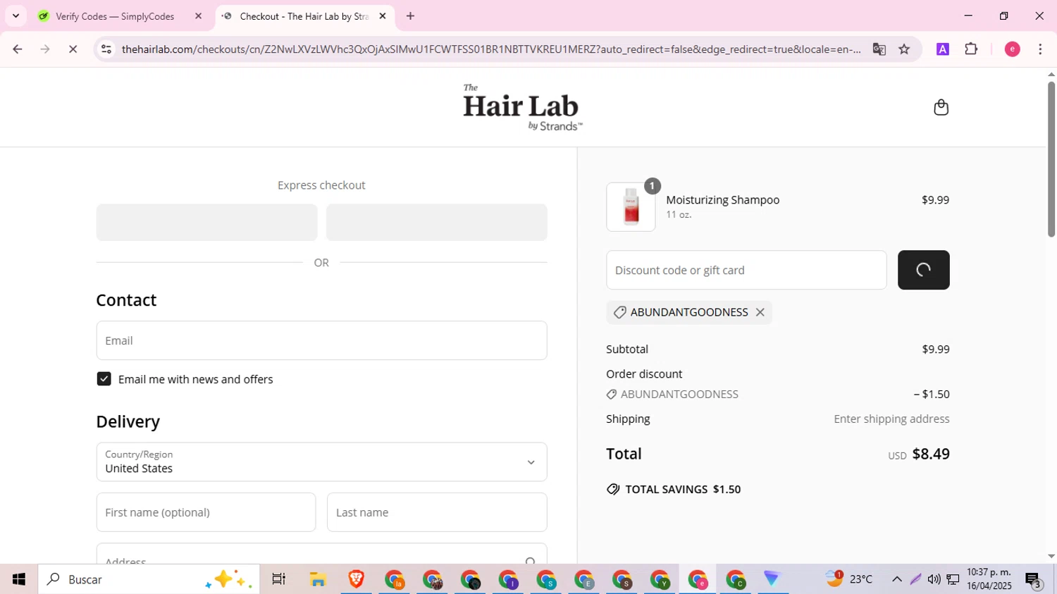 The Hair Lab by Strands promo code screenshot showing code ABUNDANTGOODNESS applied at The Hair Lab by Strands checkout page. Uploaded by SimplyCodes community member Haaland on Apr 17, 2025