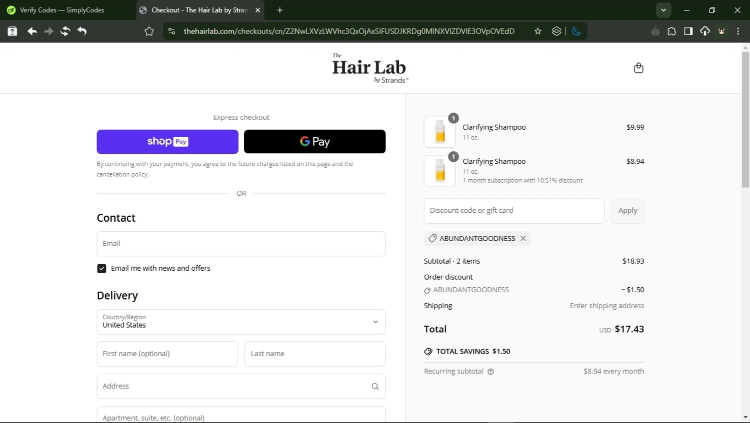 The Hair Lab by Strands promo code screenshot showing code ABUNDANTGOODNESS applied at The Hair Lab by Strands checkout page. Uploaded by SimplyCodes community member RewardMonarch1185 on Apr 2, 2025