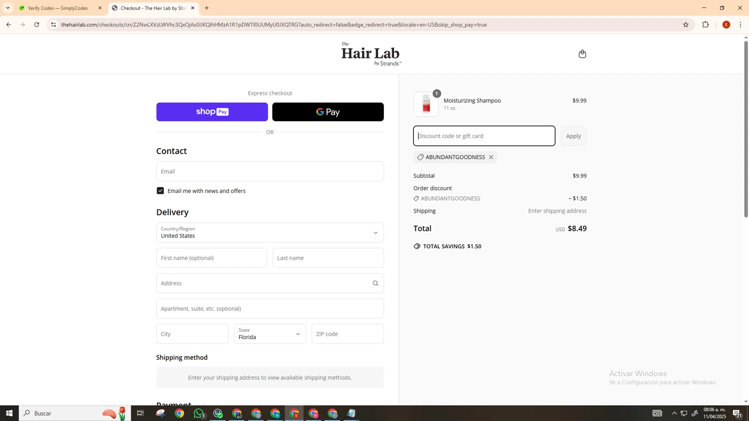 The Hair Lab by Strands promo code screenshot showing code ABUNDANTGOODNESS applied at The Hair Lab by Strands checkout page. Uploaded by SimplyCodes community member MoneyScout5902 on Apr 11, 2025