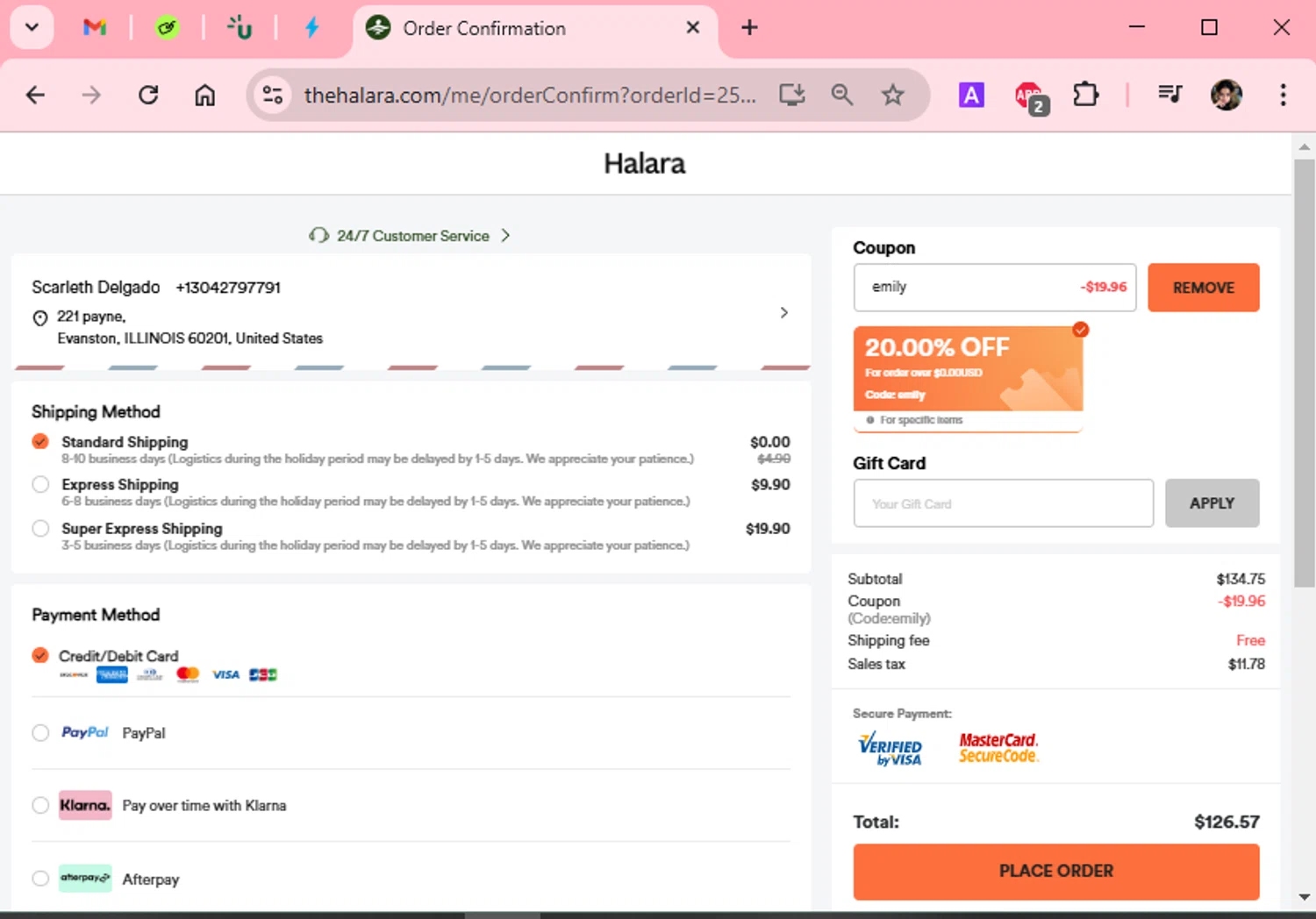 HALARA coupon code screenshot showing code EMILY applied at HALARA checkout page. Uploaded by SimplyCodes community member Scarleth_2GGD on Jan 31, 2025