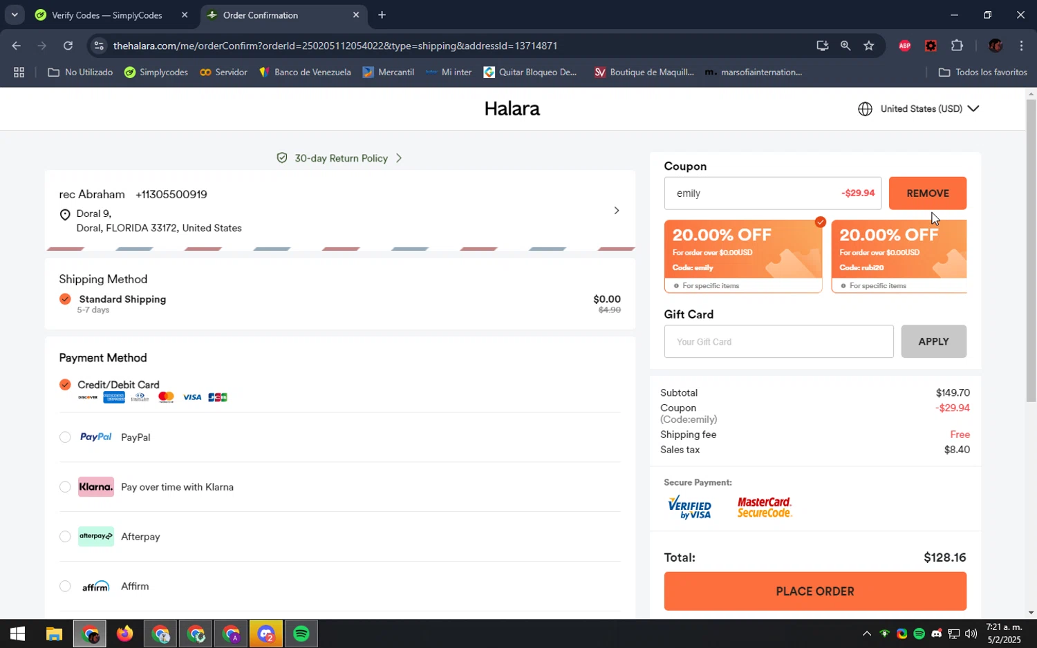 HALARA coupon code screenshot showing code EMILY applied at HALARA checkout page. Uploaded by SimplyCodes community member DealEagle493 on Feb 5, 2025