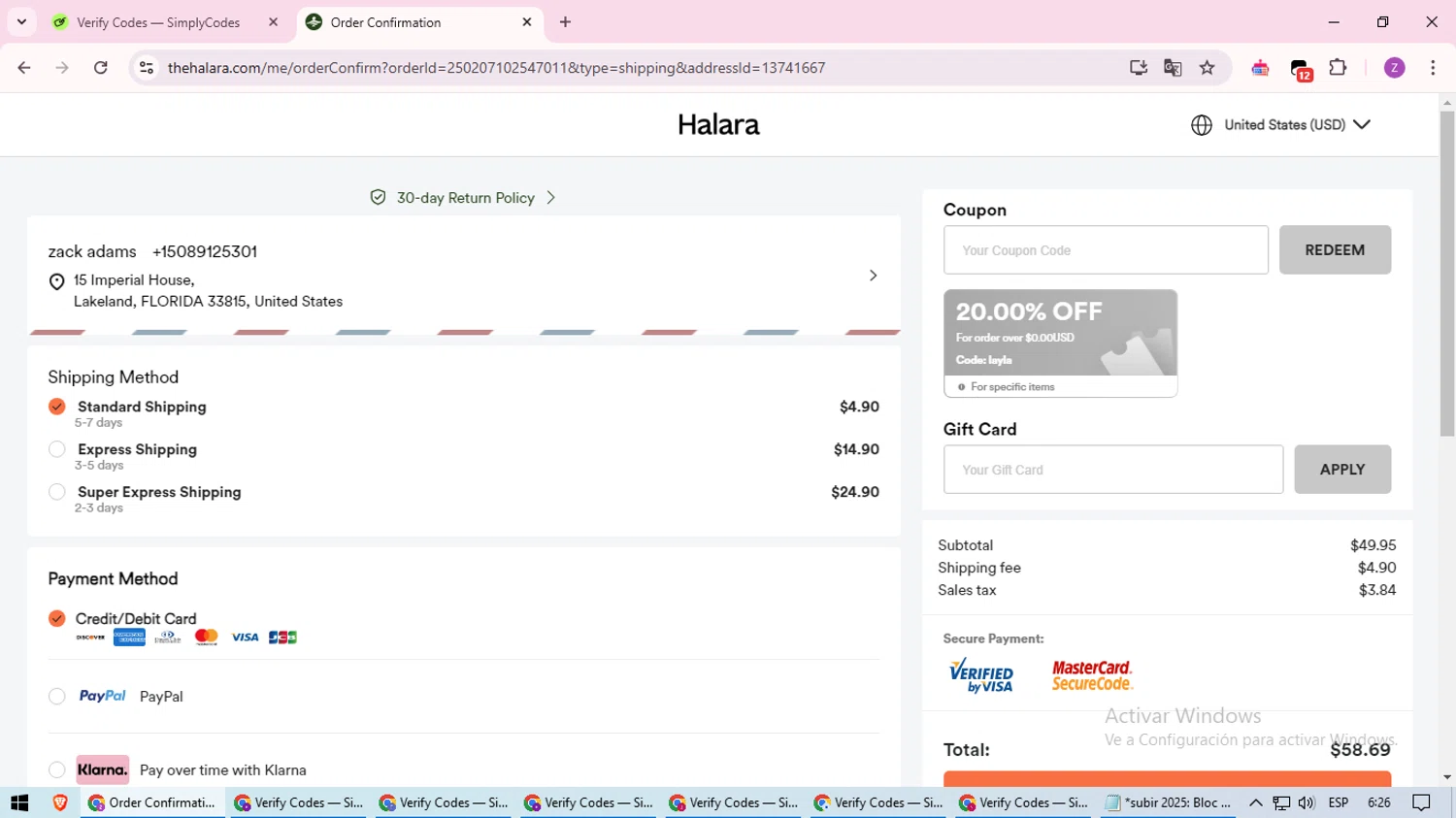 HALARA coupon code screenshot showing code Layla applied at HALARA checkout page. Uploaded by SimplyCodes community member ValiantFinder3275 on Feb 7, 2025