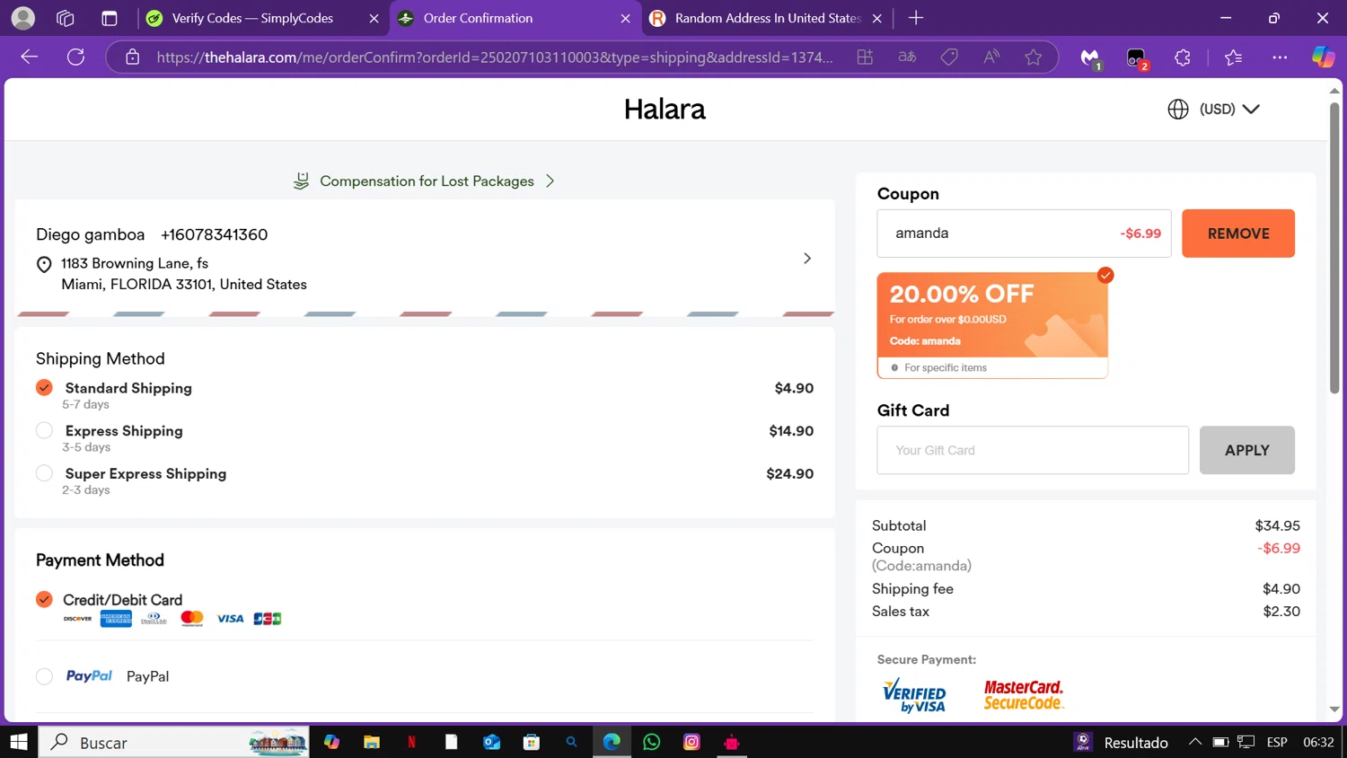 HALARA coupon code screenshot showing code AMANDA applied at HALARA checkout page. Uploaded by SimplyCodes community member Lamine_Yamal on Feb 7, 2025