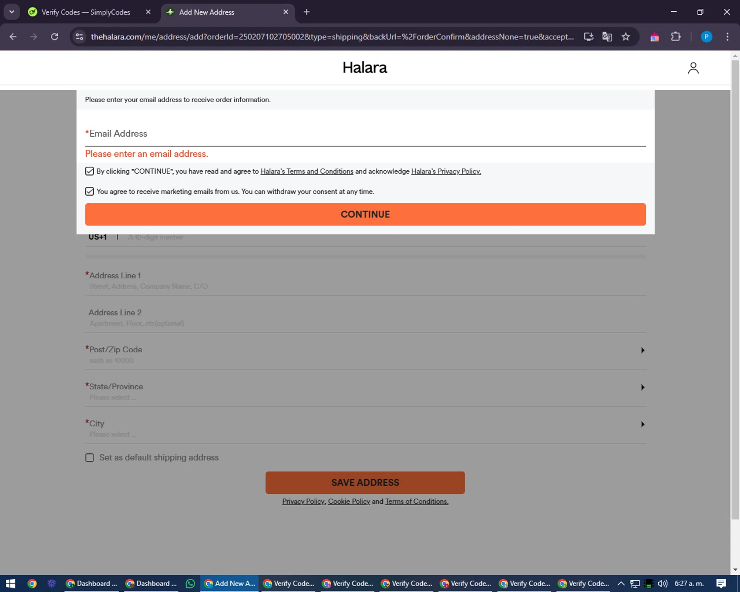 HALARA coupon code screenshot showing code AMANDA applied at HALARA checkout page. Uploaded by SimplyCodes community member juiceWRLD on Feb 7, 2025