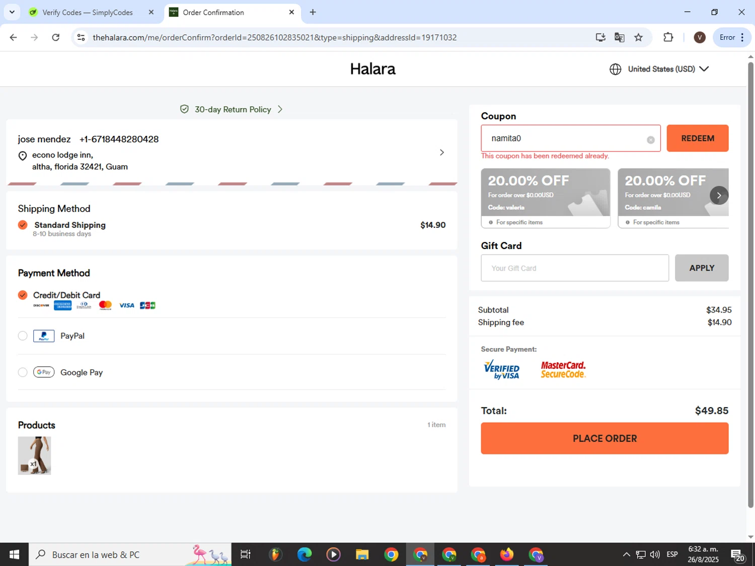 HALARA coupon code screenshot showing code namita0 applied at HALARA checkout page. Uploaded by SimplyCodes community member CashLion3448 on Aug 26, 2025