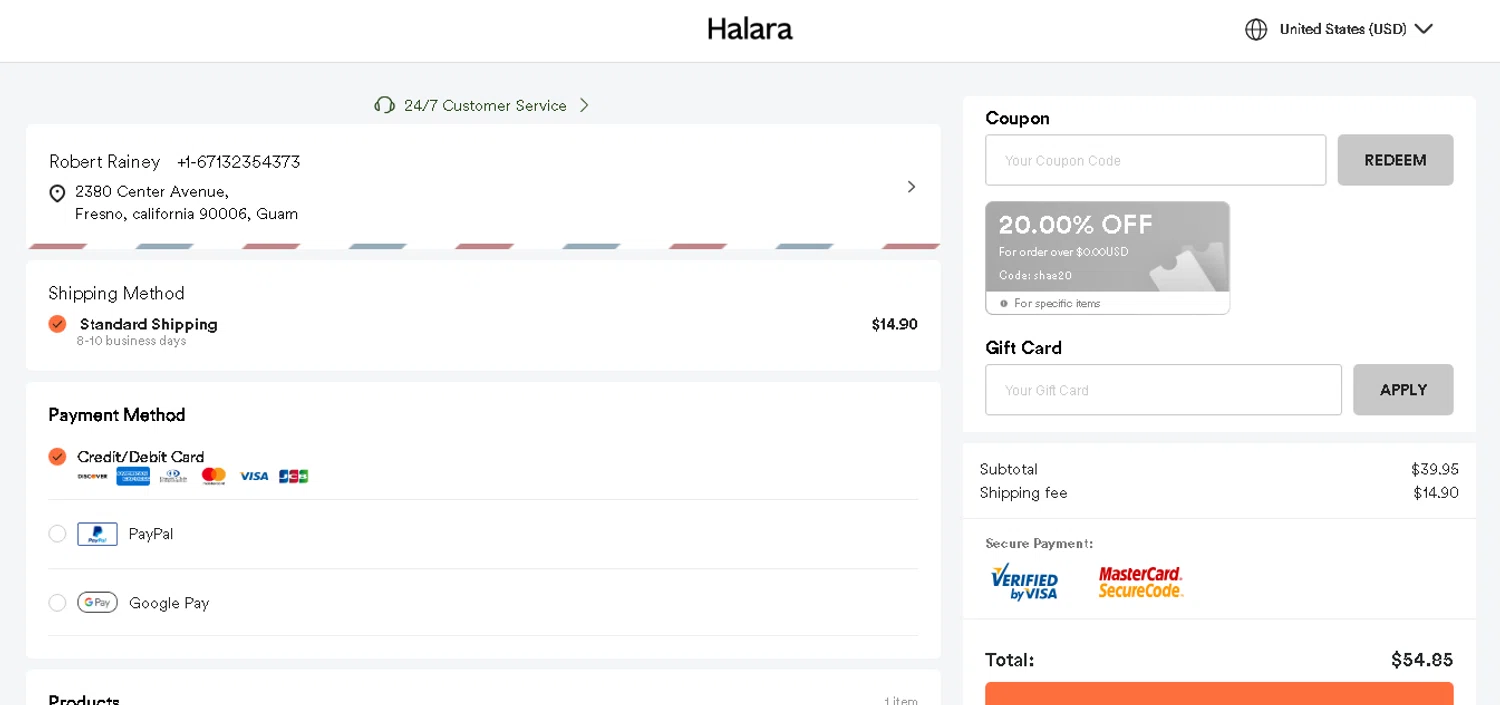 HALARA coupon code screenshot showing code shae20 applied at HALARA checkout page. Uploaded by SimplyCodes community member MoneyHunter5624 on Aug 26, 2025