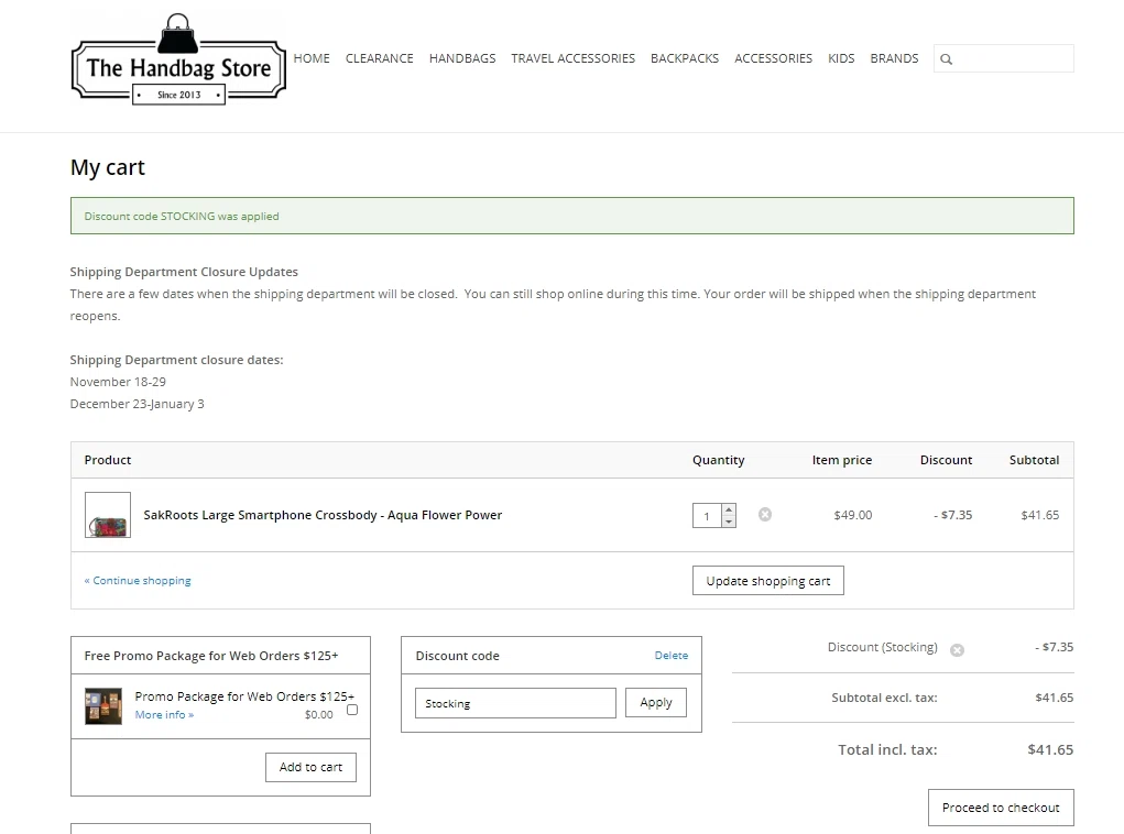 The Handbag Store checkout page showing The Handbag Store coupon code box | Screenshot taken by SimplyCodes community member on Nov 13, 2020