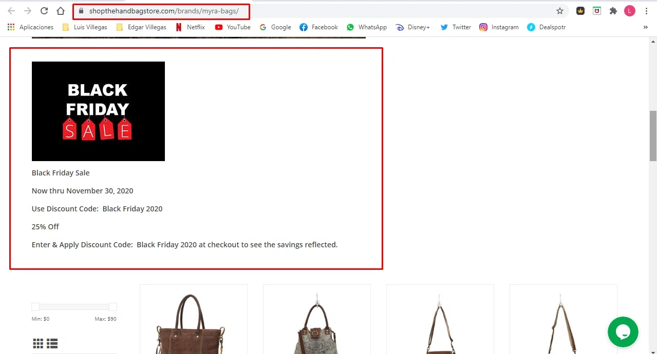 The Handbag Store checkout page showing The Handbag Store coupon code box | Screenshot taken by SimplyCodes community member on Nov 27, 2020
