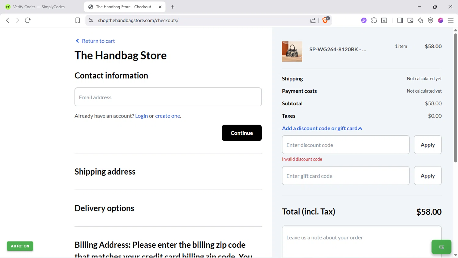 The Handbag Store coupon code screenshot showing code SPOOKTACULAR applied at The Handbag Store checkout page. Uploaded by SimplyCodes community member SapeGato on Nov 26, 2025