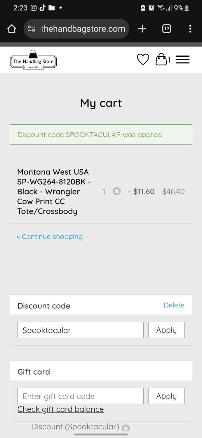 The Handbag Store coupon code screenshot showing code SPOOKTACULAR applied at The Handbag Store checkout page. Uploaded by SimplyCodes community member miguelcrast on Oct 28, 2025