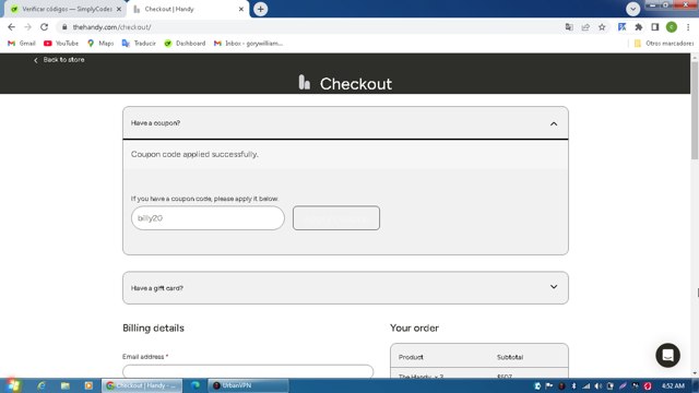 The Handy checkout page showing The Handy coupon code box | Screenshot taken by SimplyCodes community member on Aug 23, 2025