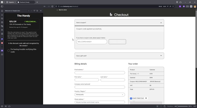 The Handy checkout page showing The Handy coupon code box | Screenshot taken by SimplyCodes community member on Aug 27, 2025