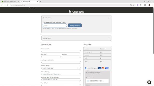 The Handy checkout page showing The Handy coupon code box | Screenshot taken by SimplyCodes community member on Aug 23, 2025