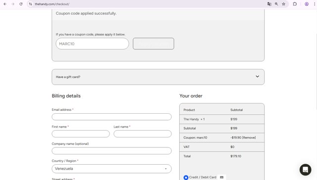 The Handy checkout page showing The Handy coupon code box | Screenshot taken by SimplyCodes community member on Aug 31, 2025