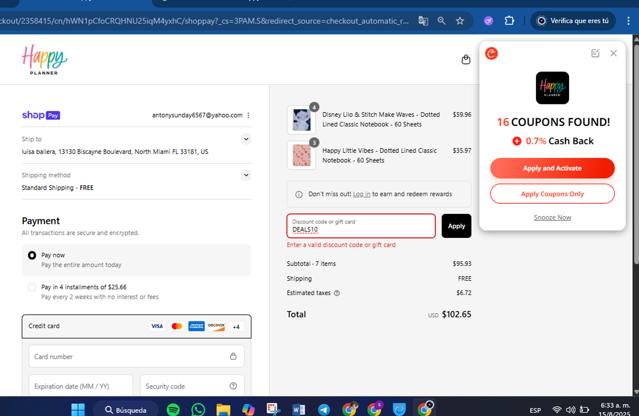 The Happy Planner checkout page showing The Happy Planner discount code box | Screenshot taken by SimplyCodes community member on Aug 15, 2025