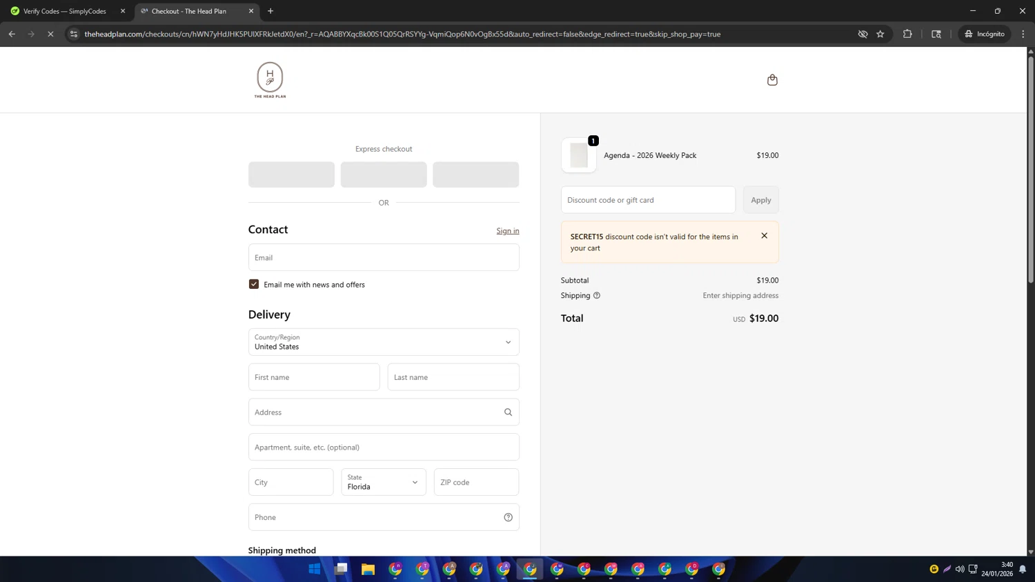 The Head Plan promo code screenshot showing code SECRET15 applied at The Head Plan checkout page. Uploaded by SimplyCodes community member AVATIGRITO on Jan 24, 2026