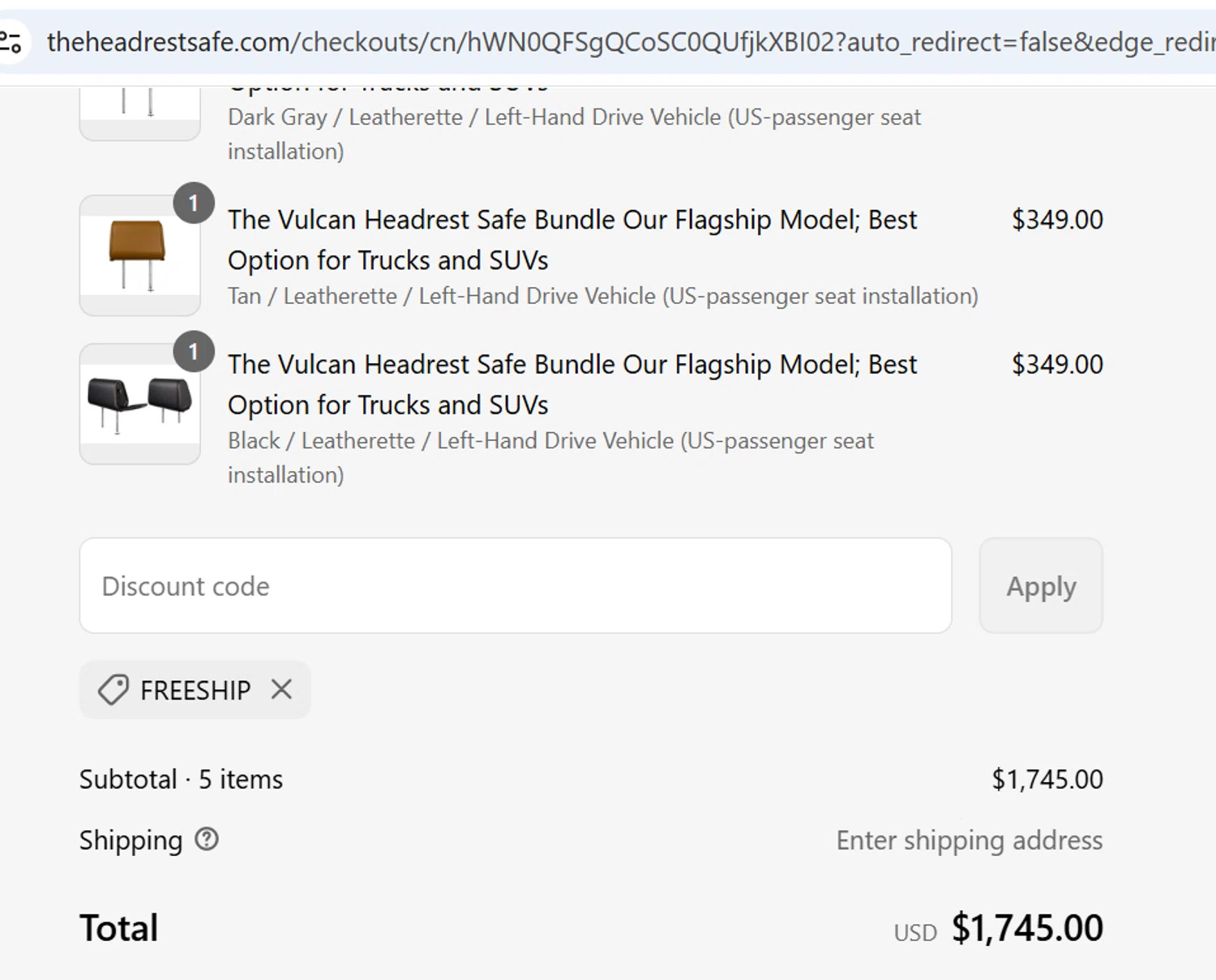 The Headrest Safe promo code screenshot showing code FREESHIP applied at The Headrest Safe checkout page. Uploaded by SimplyCodes community member BargainPioneer7317 on Jul 9, 2025