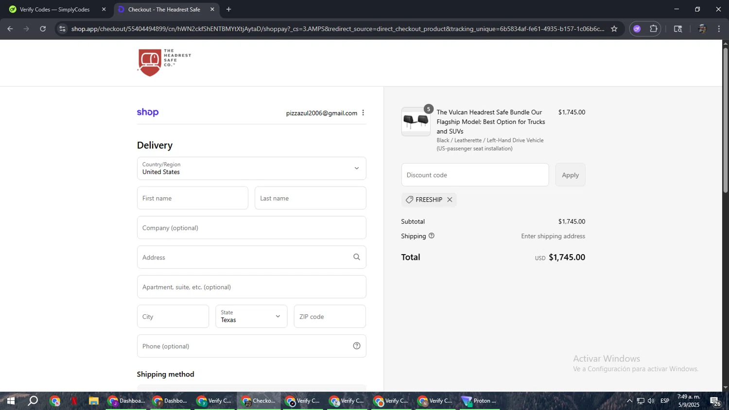 The Headrest Safe promo code screenshot showing code FREESHIP applied at The Headrest Safe checkout page. Uploaded by SimplyCodes community member xxdddd on Sep 5, 2025