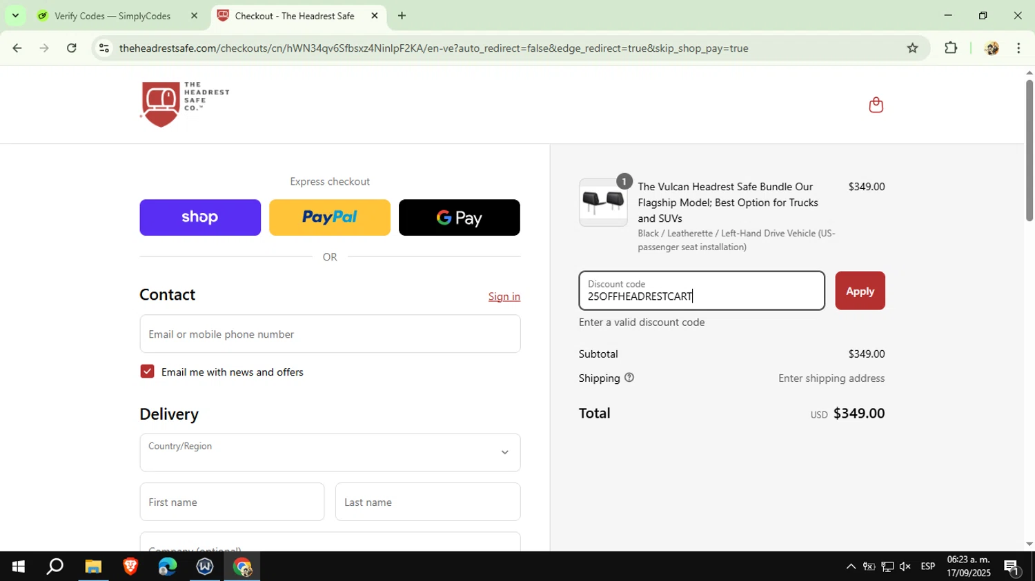 The Headrest Safe promo code screenshot showing code 25OFFHEADRESTCART applied at The Headrest Safe checkout page. Uploaded by SimplyCodes community member CashExpert3657 on Sep 17, 2025