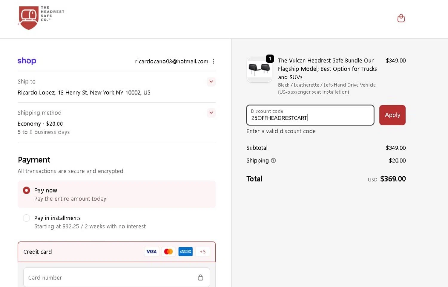 The Headrest Safe promo code screenshot showing code 25OFFHEADRESTCART applied at The Headrest Safe checkout page. Uploaded by SimplyCodes community member LAMINEJAMAL on Sep 18, 2025