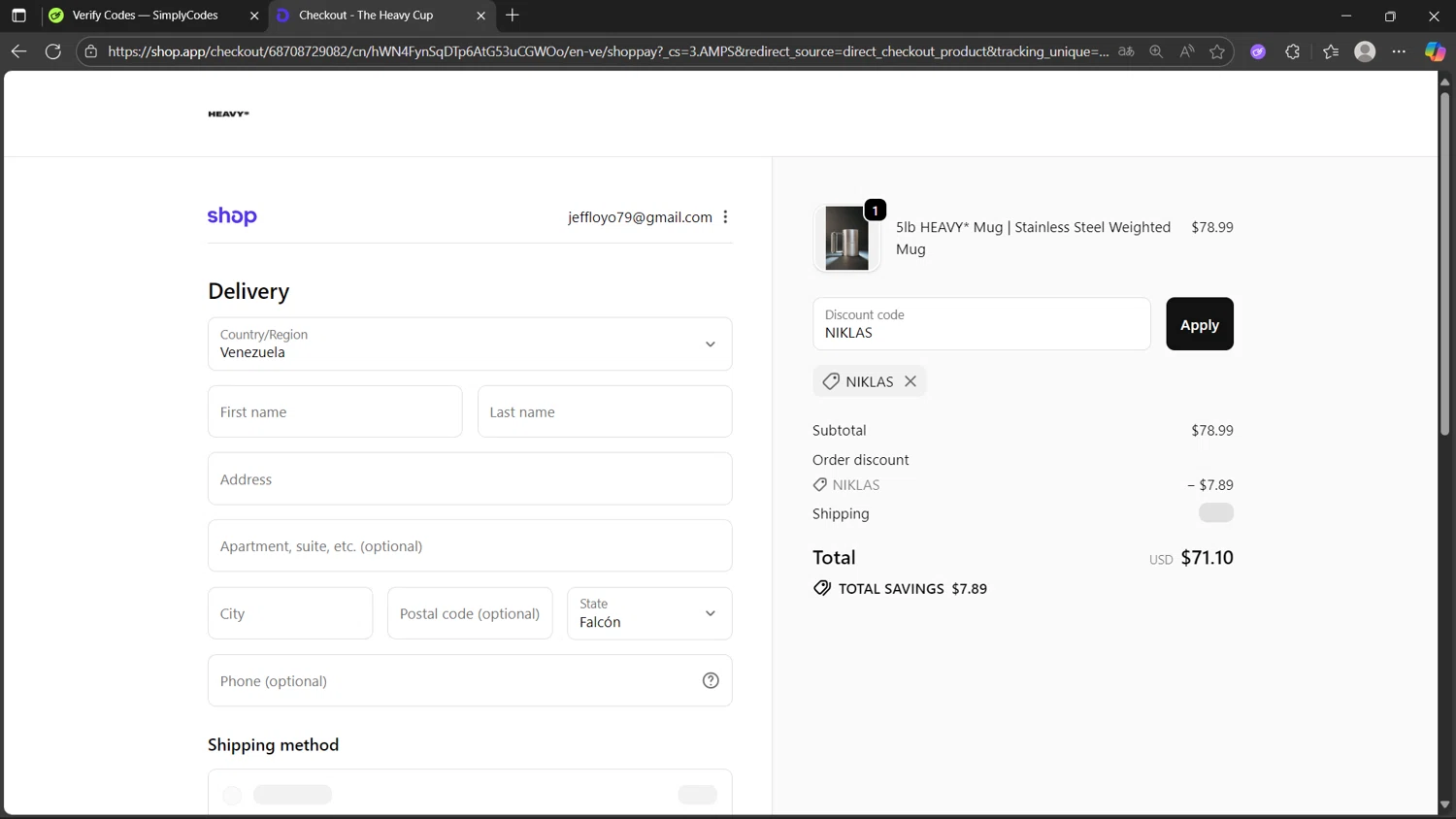 The Heavy Cup checkout page showing The Heavy Cup discount code box | Screenshot taken by SimplyCodes community member on Oct 18, 2025