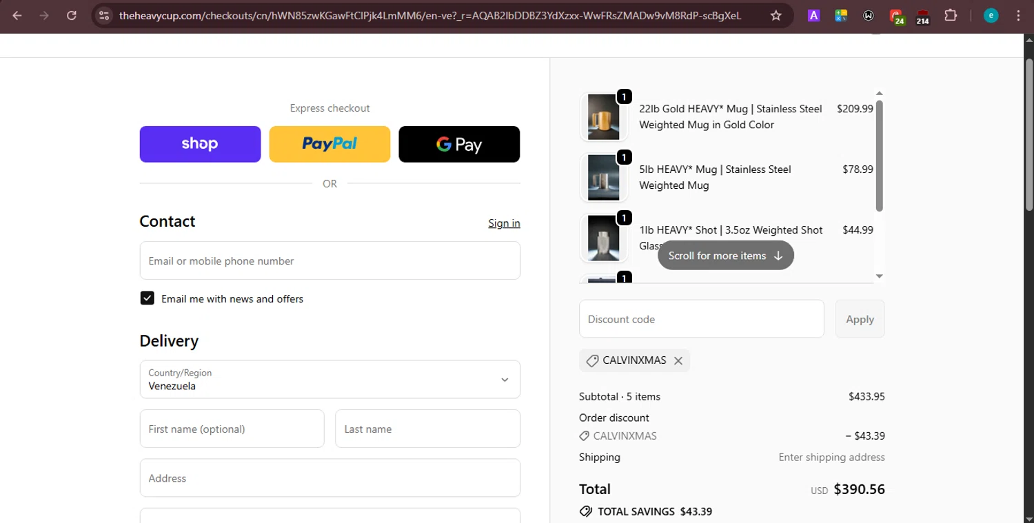 The Heavy Cup discount code screenshot showing code CALVINXMAS applied at The Heavy Cup checkout page. Uploaded by SimplyCodes community member PrincessCoupon on Jan 27, 2026