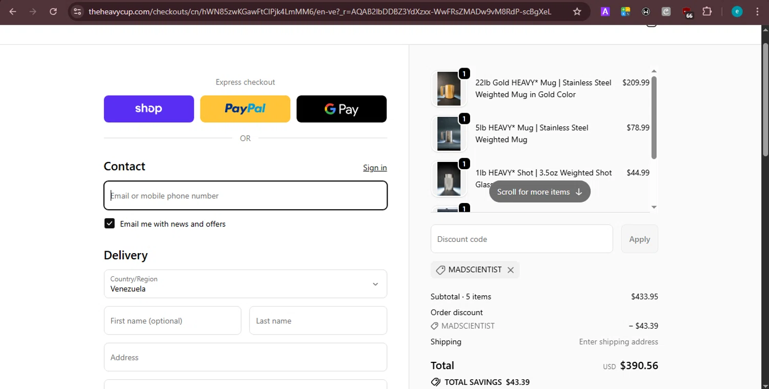 The Heavy Cup discount code screenshot showing code MADSCIENTIST applied at The Heavy Cup checkout page. Uploaded by SimplyCodes community member PrincessCoupon on Jan 27, 2026