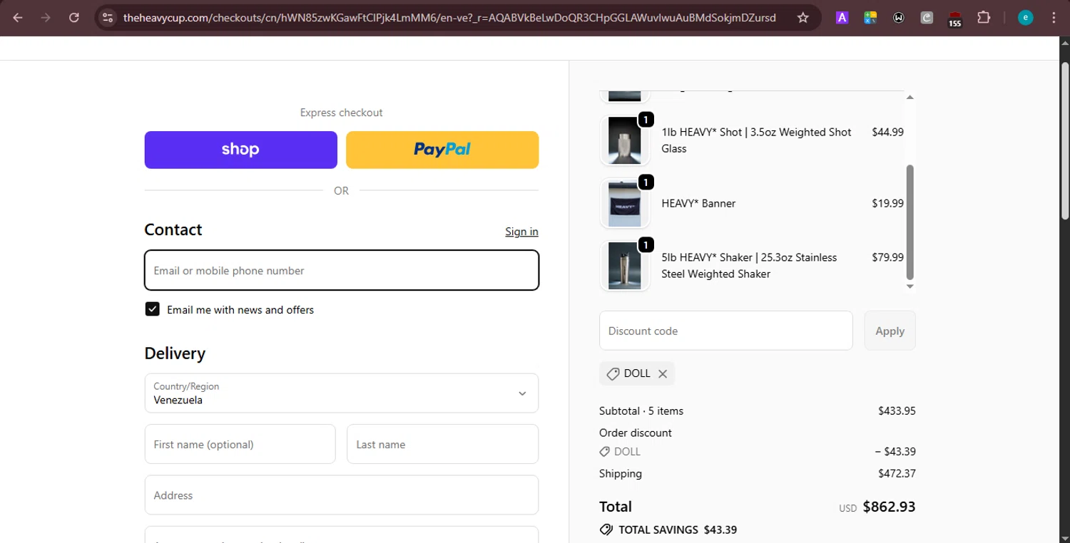 The Heavy Cup discount code screenshot showing code DOLL applied at The Heavy Cup checkout page. Uploaded by SimplyCodes community member PrincessCoupon on Jan 29, 2026