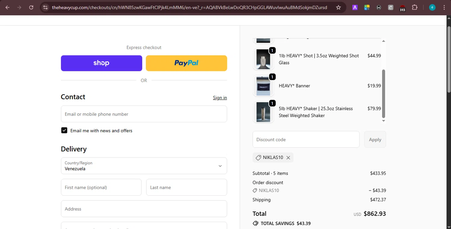 The Heavy Cup discount code screenshot showing code NIKLAS10 applied at The Heavy Cup checkout page. Uploaded by SimplyCodes community member PrincessCoupon on Jan 29, 2026
