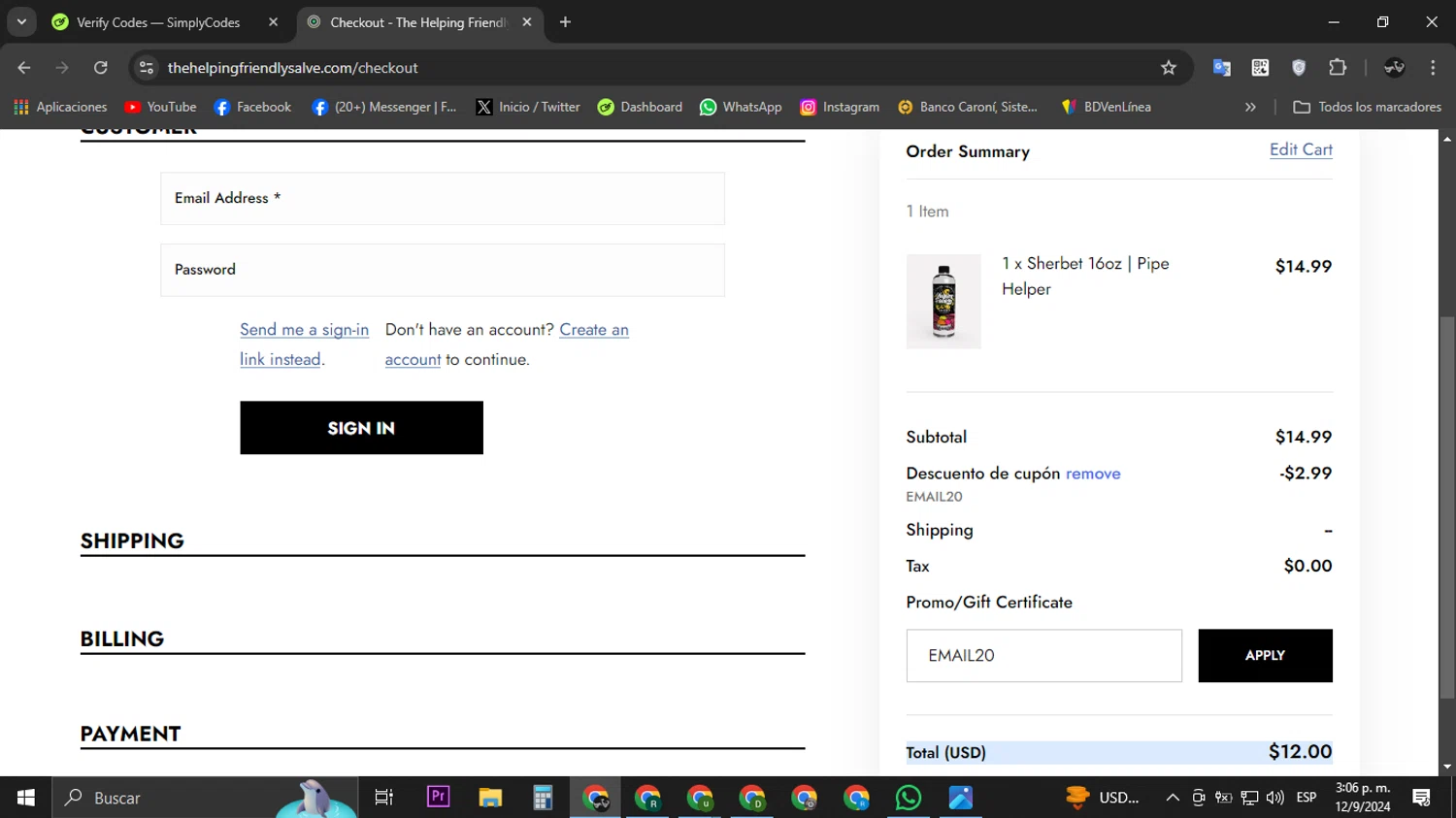 The Helping Friendly Salve checkout page showing The Helping Friendly Salve promo code box | Screenshot taken by SimplyCodes community member on Sep 12, 2024