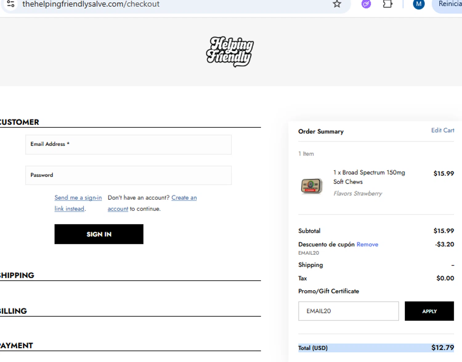 The Helping Friendly Salve promo code screenshot showing code EMAIL20 applied at The Helping Friendly Salve checkout page. Uploaded by SimplyCodes community member PennyOwl2559 on Jul 13, 2025